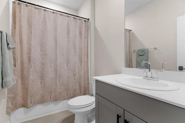a bathroom with a sink a toilet a mirror and shower curtain