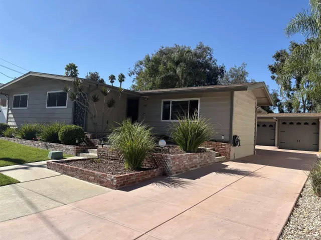 a backyard of a house with potted plants and trees