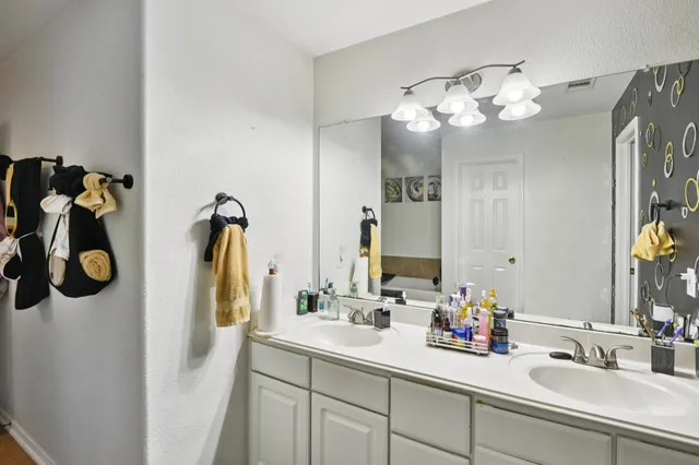 a bathroom with a sink vanity and a mirror