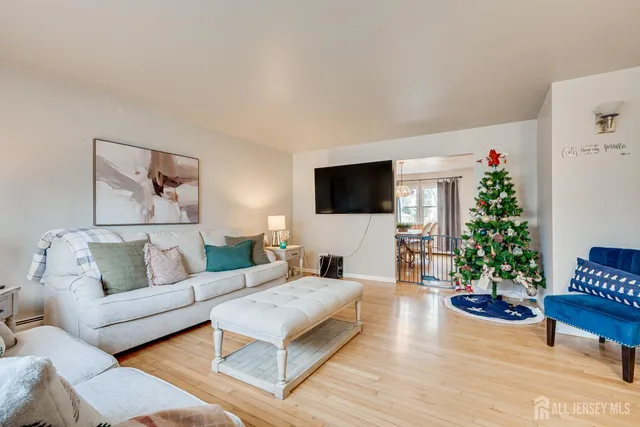 a living room with furniture a flat screen tv and a potted plant