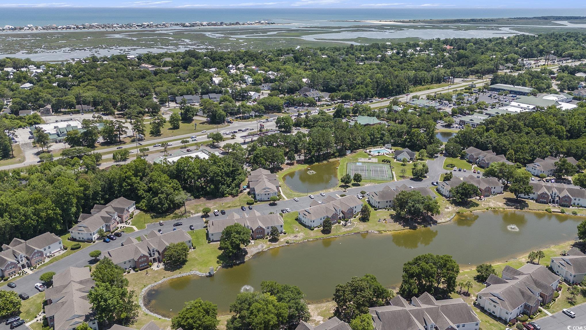 4280 Santolina Way, Unit C Murrells Inlet, SC 29576 - Photo 34 of 40 Aerial view of property's location with a large body of water, nearby suburban area, and a tree filled landscape