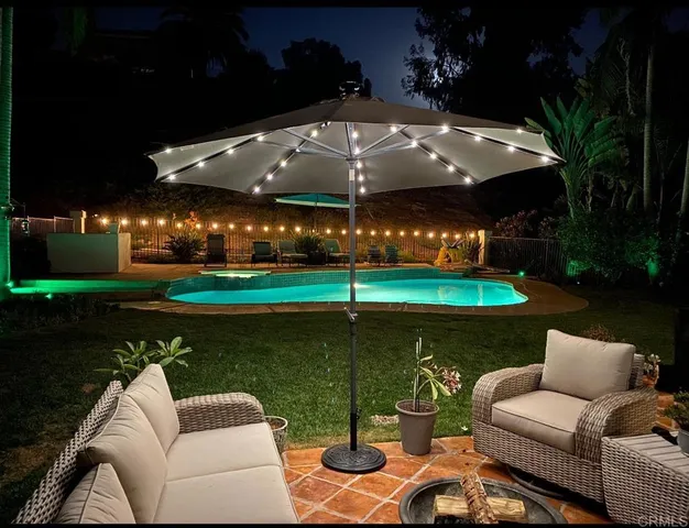 a view of a house with a swimming pool and a yard