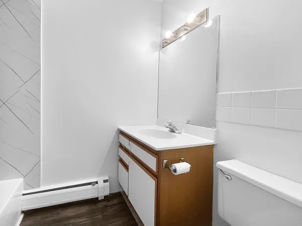 a bathroom with a sink a toilet and vanity