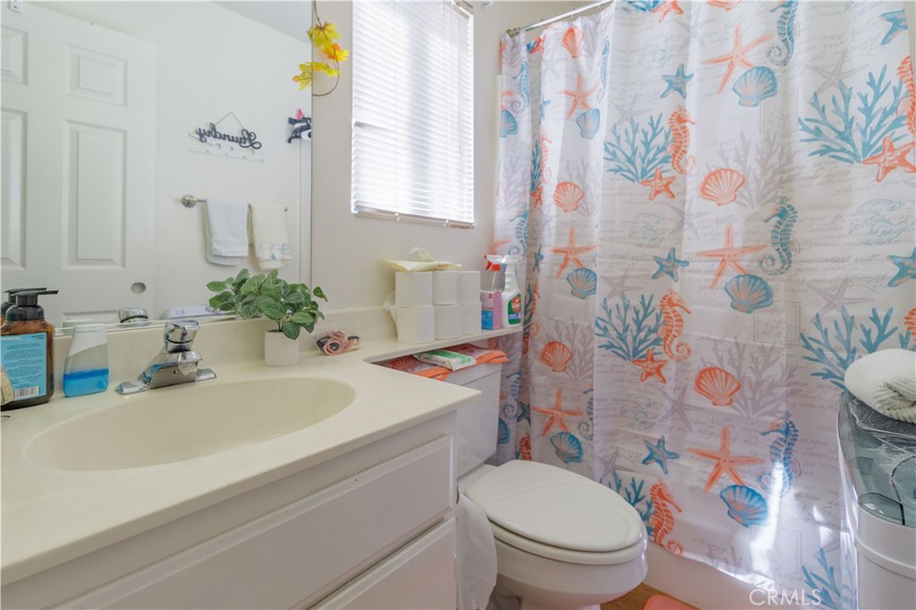 1393 Rabbit Peak Way Hemet, CA 92545 - Photo 26 of 34 a bathroom with a sink a toilet and shower curtain