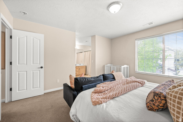 174 Rockey Park Lane, Unit 34 Draper, UT 84020 - Photo 11 of 20 Carpeted bedroom featuring connected bathroom and a textured ceiling