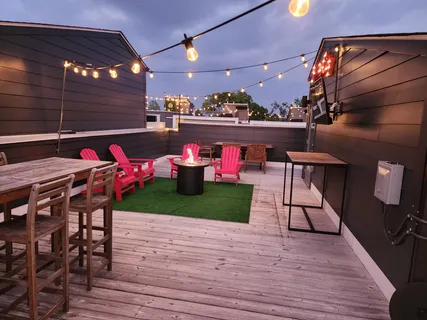 a outdoor space with lots of tables and chairs