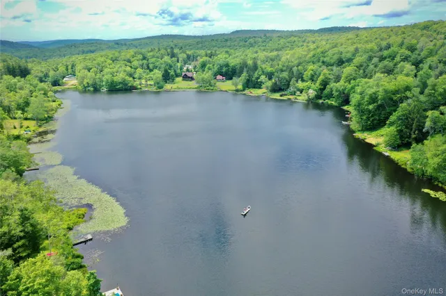 an aerial view of a house with a yard and lake view