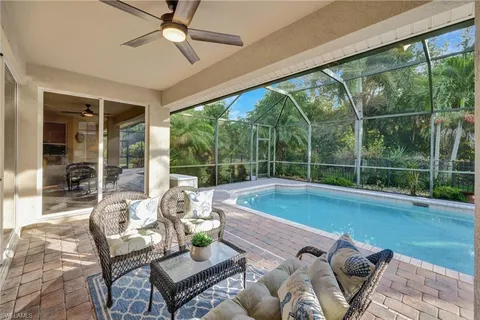 a view of a backyard with a swimming pool