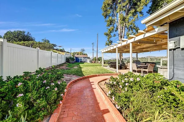 a view of a backyard with sitting area