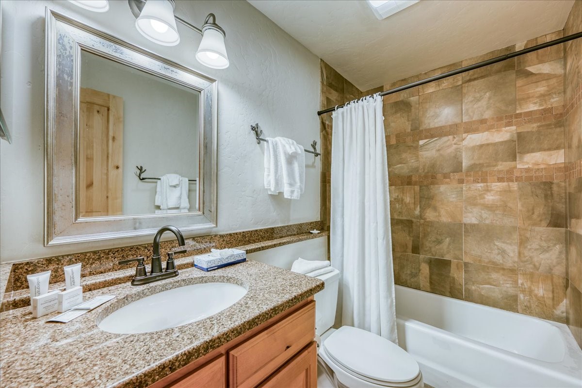 200 North Ridge Street, Unit R A Breckenridge, CO 80424 - Photo 26 of 38 a bathroom with a granite countertop sink toilet mirror and shower