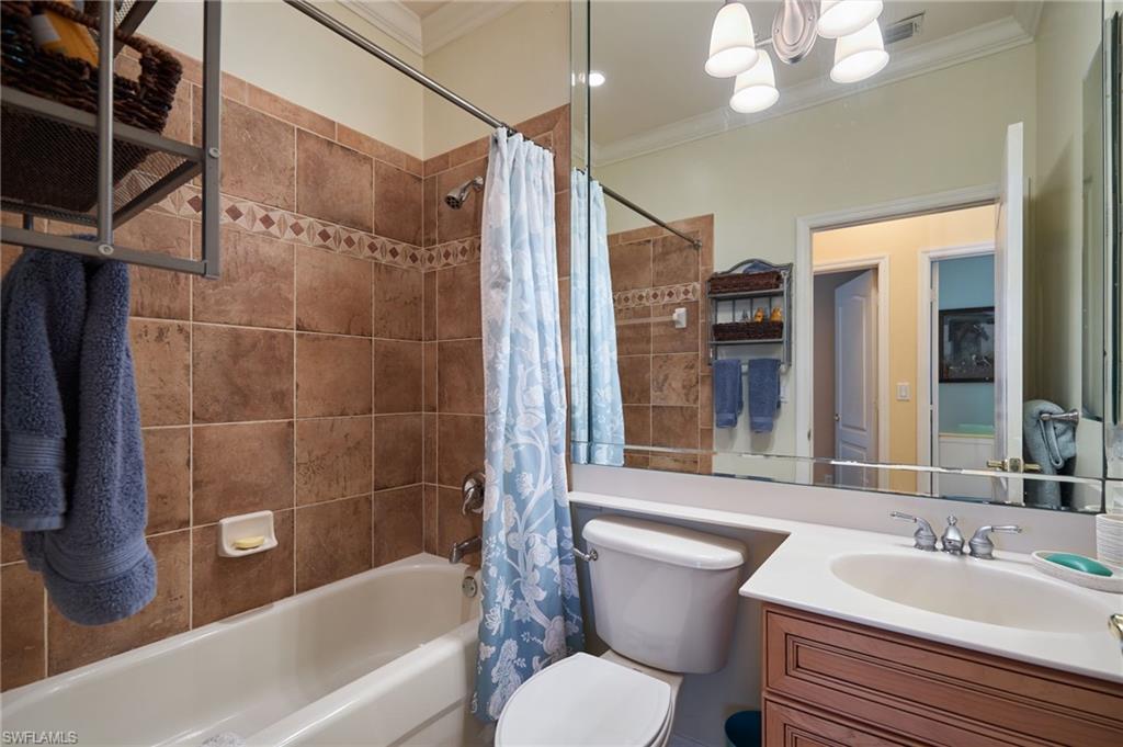 20540 Rookery Drive Estero, FL 33928 - Photo 15 of 32 a bathroom with a sink a toilet a mirror a bathtub and shower