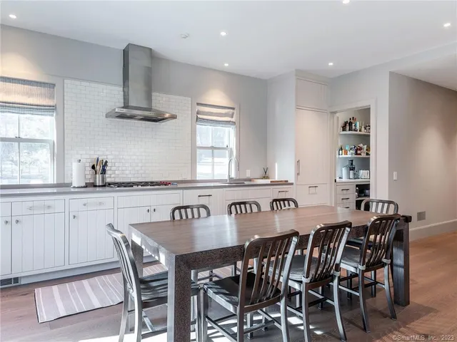 a view of a dining room with furniture