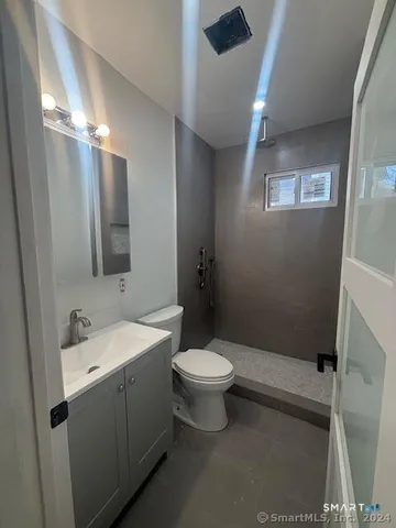 a bathroom with a toilet sink and mirror