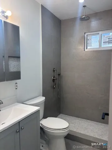 a bathroom with a sink a toilet and shower