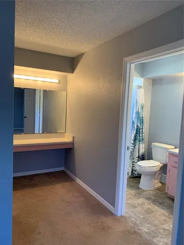 a bathroom with a sink toilet and mirror