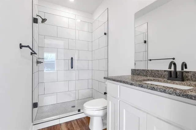 a bathroom with a granite countertop sink a toilet and shower