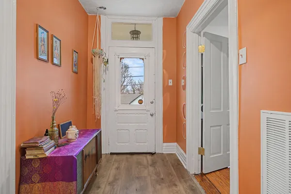 a view of a hallway with workspace