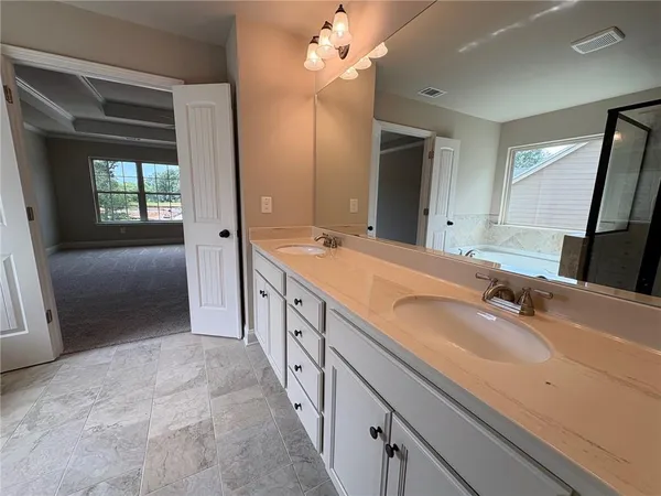 a spacious bathroom with a double vanity sink a mirror and a shower
