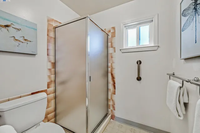 a bathroom with a shower and a toilet