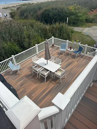 a view of a patio with a table