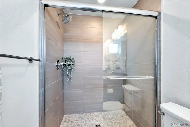 a bathroom with a shower and a toilet