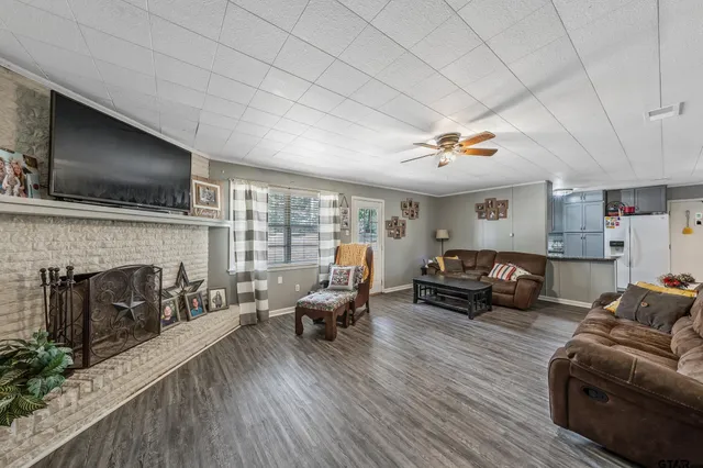 a living room with furniture and a fireplace