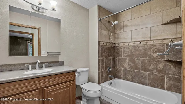 a bathroom with a bathtub shower sink vanity and toilet