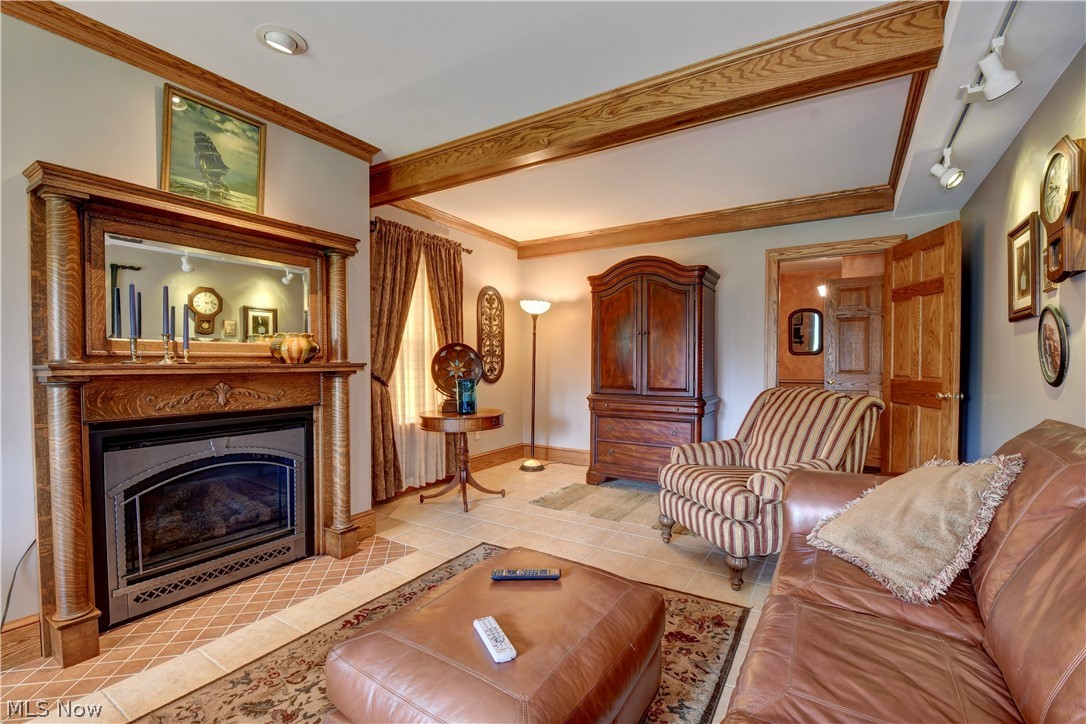 3464 Ridge Road Northwest Strasburg, OH 44680 - Photo 22 of 49 Tiled living room featuring rail lighting and crown molding