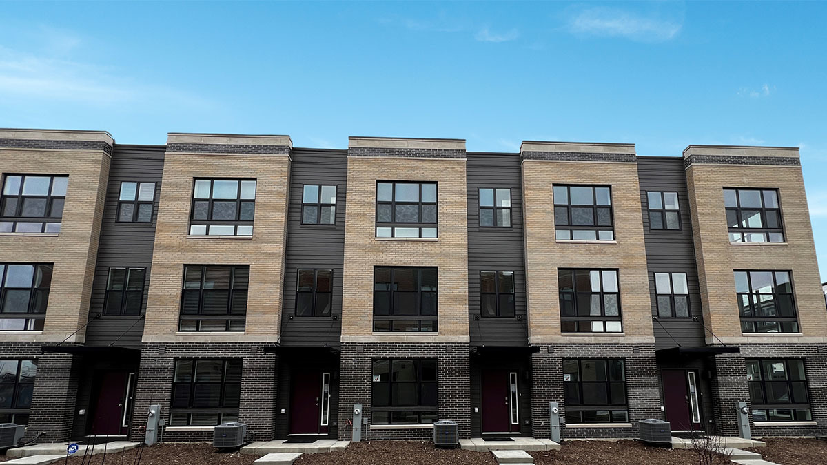 a front view of a multi story building