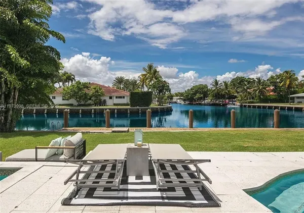 a view of a swimming pool with a lake view and a yard