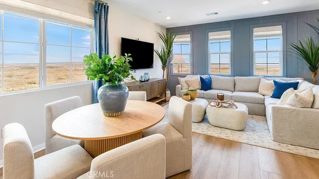 a living room with furniture potted plant and windows