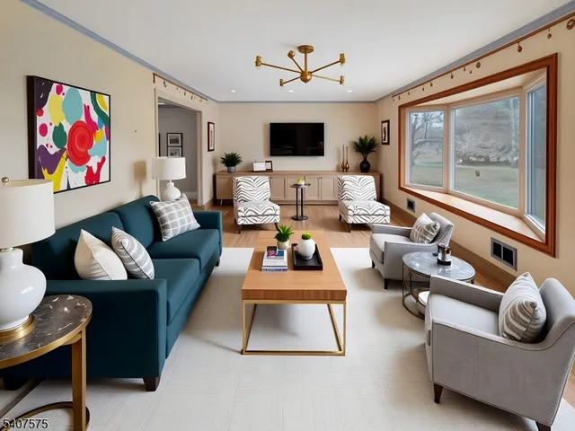 a living room with furniture flat screen tv and a chandelier