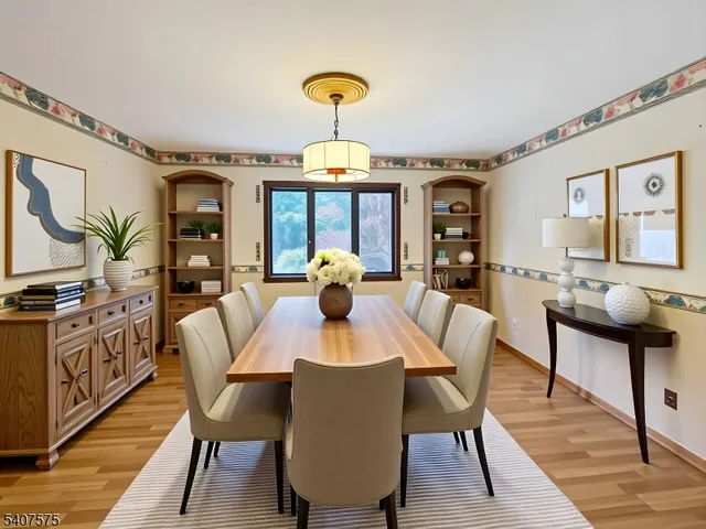a view of a dining room with furniture window and wooden floor