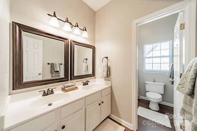 a bathroom with a double vanity sink mirror and toilet
