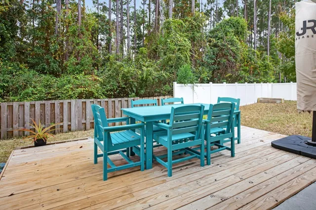 a backyard of a house with table and chairs