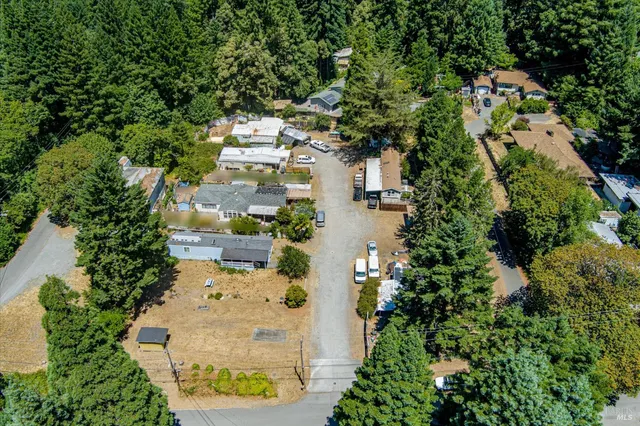 an aerial view of residential house with outdoor space and trees all around