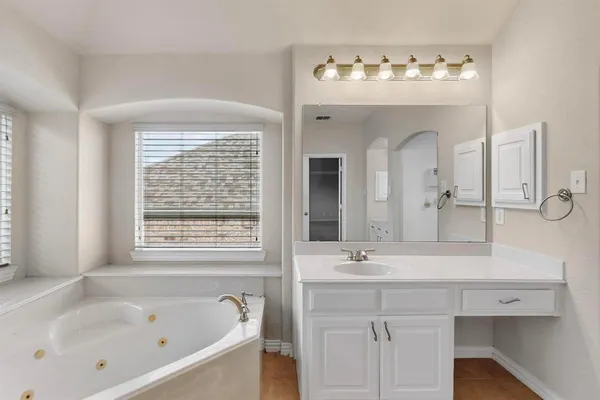 a bathroom with a tub a sink and mirror