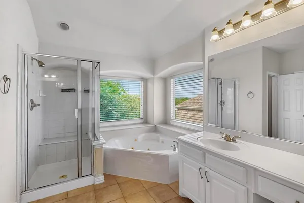 a bathroom with a tub a sink shower and a mirror