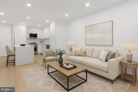 a living room with furniture kitchen view and a potted plant