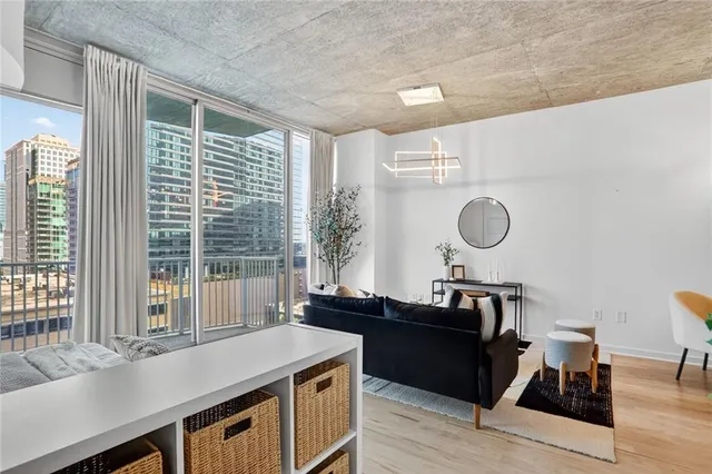 a living room with a large window