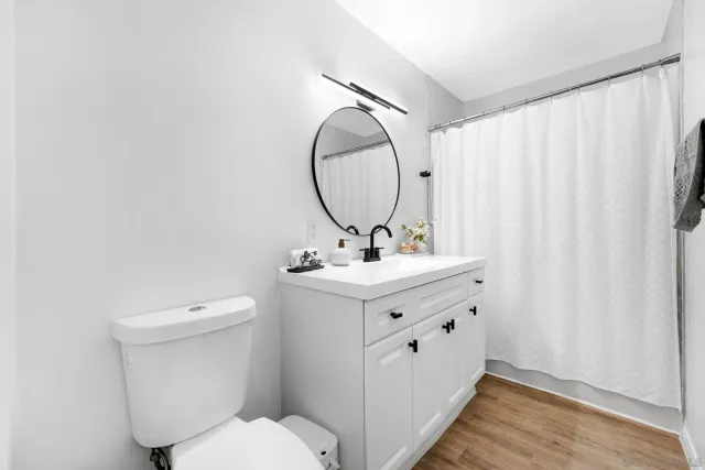 a bathroom with a sink mirror and toilet