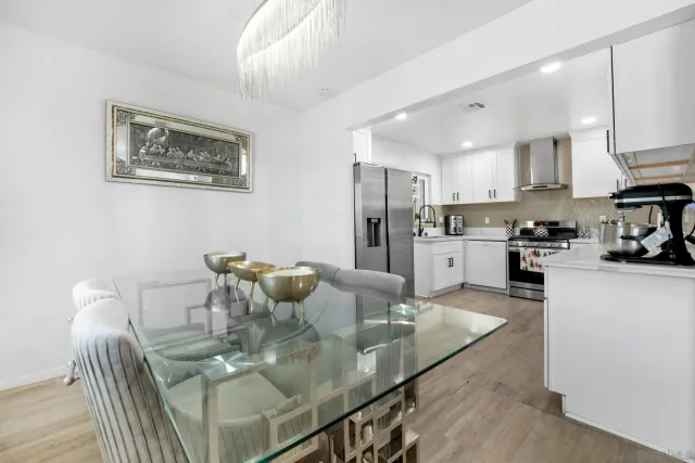 a view of a dining room with furniture