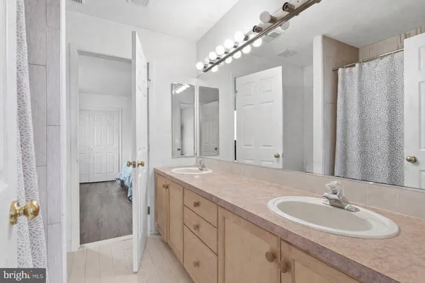 a bathroom with a double vanity sink a mirror and a shower
