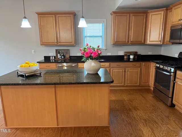 a kitchen with stainless steel appliances granite countertop a sink dishwasher stove top oven and cabinets with wooden floor