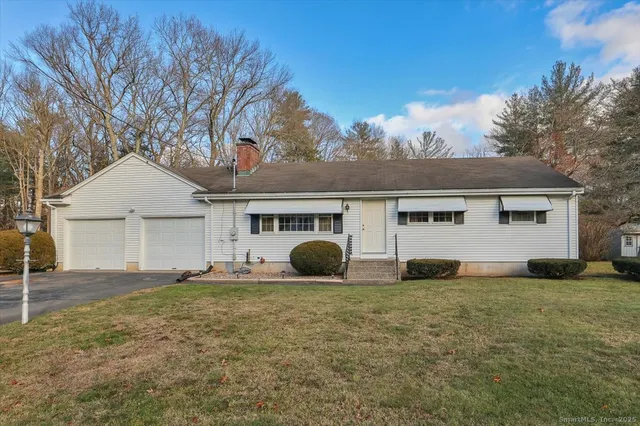 a view of a house with backyard and a tree