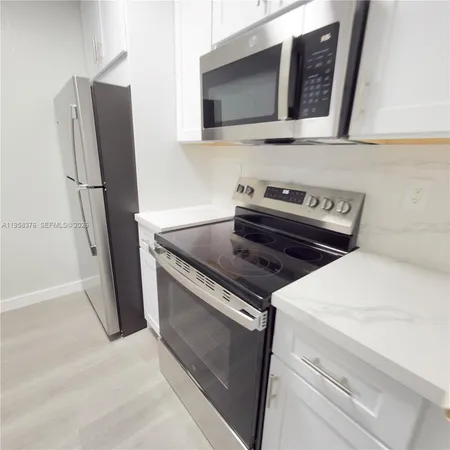 a close view of a stove and a microwave