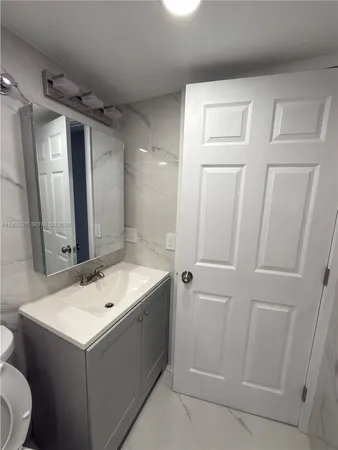 a bathroom with a sink mirror vanity and toilet
