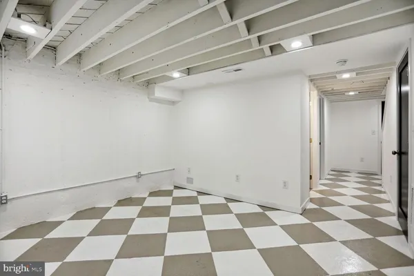 a view of a black and white checkered floor