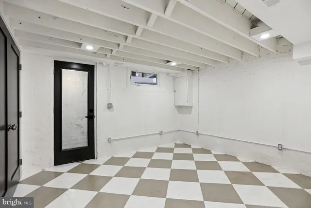 a view of a black and white checkered floor