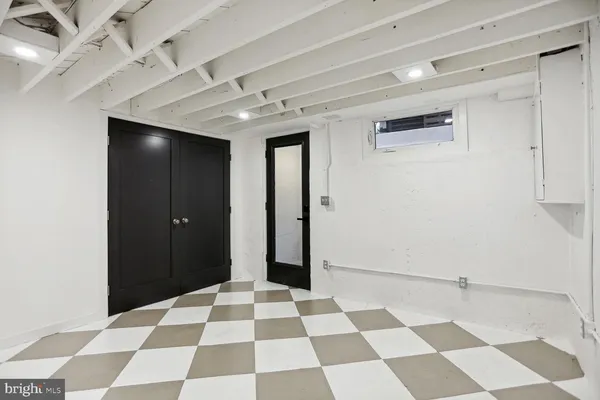 a view of a black and white checkered floor